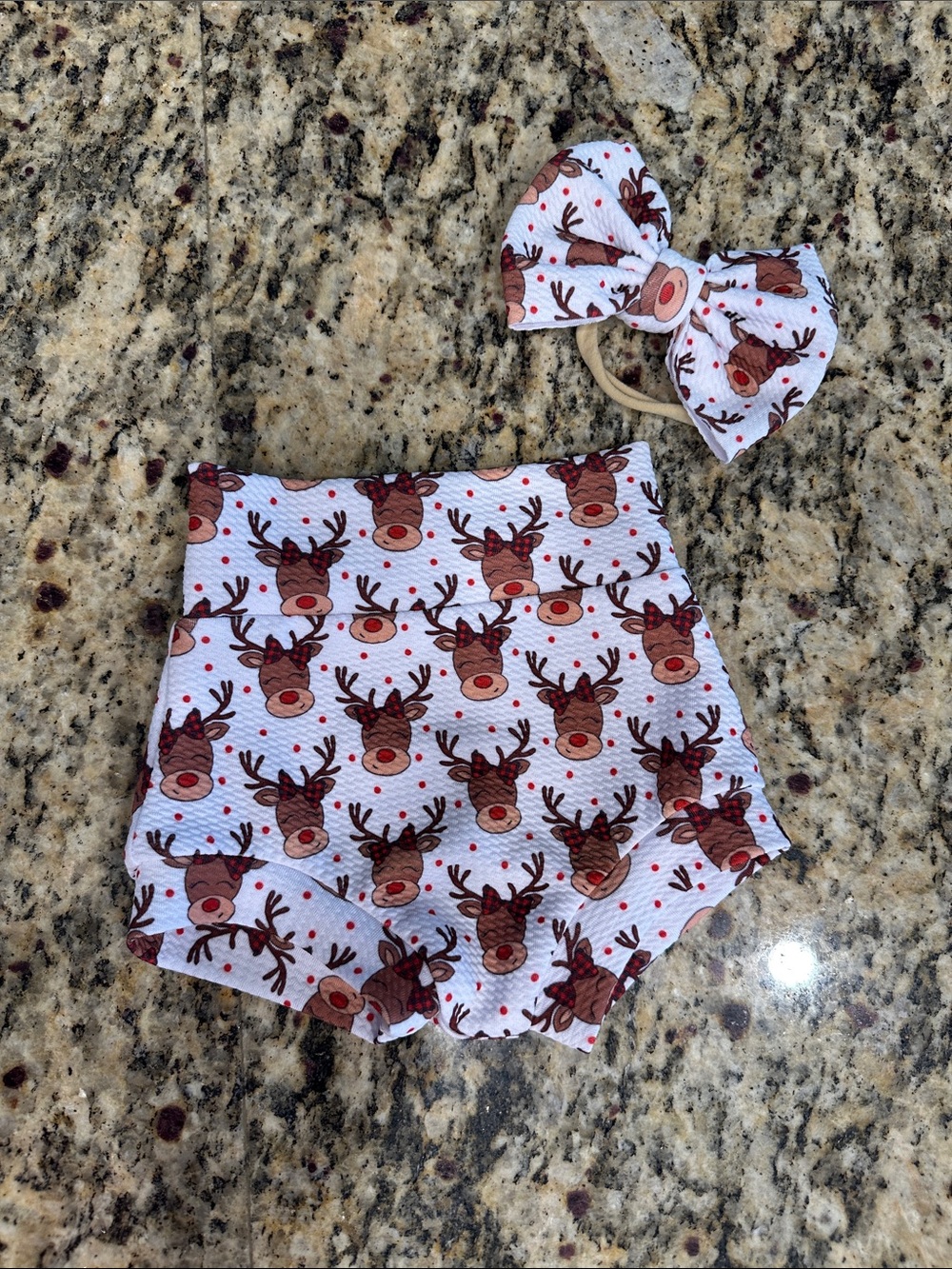 Reindeer Print Baby Shorts and Bow Headband Set - White and Brown
